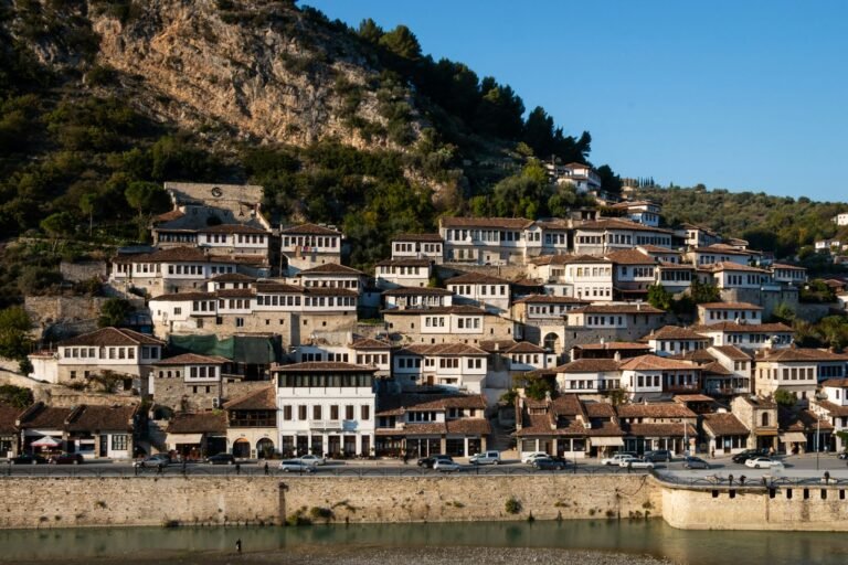 White Ottoman houses with rows of windows on the hillside of Berat