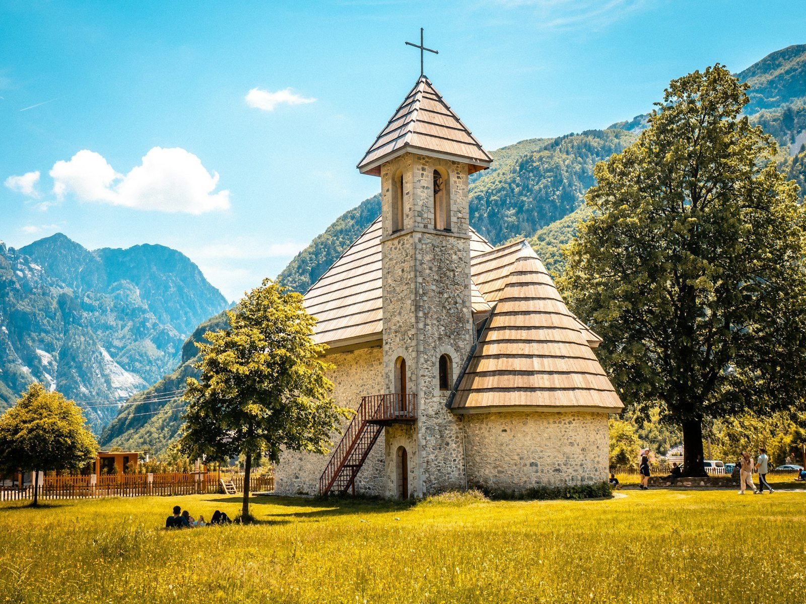 The church of Theth surrounded by the peaks of the Albanian Alps